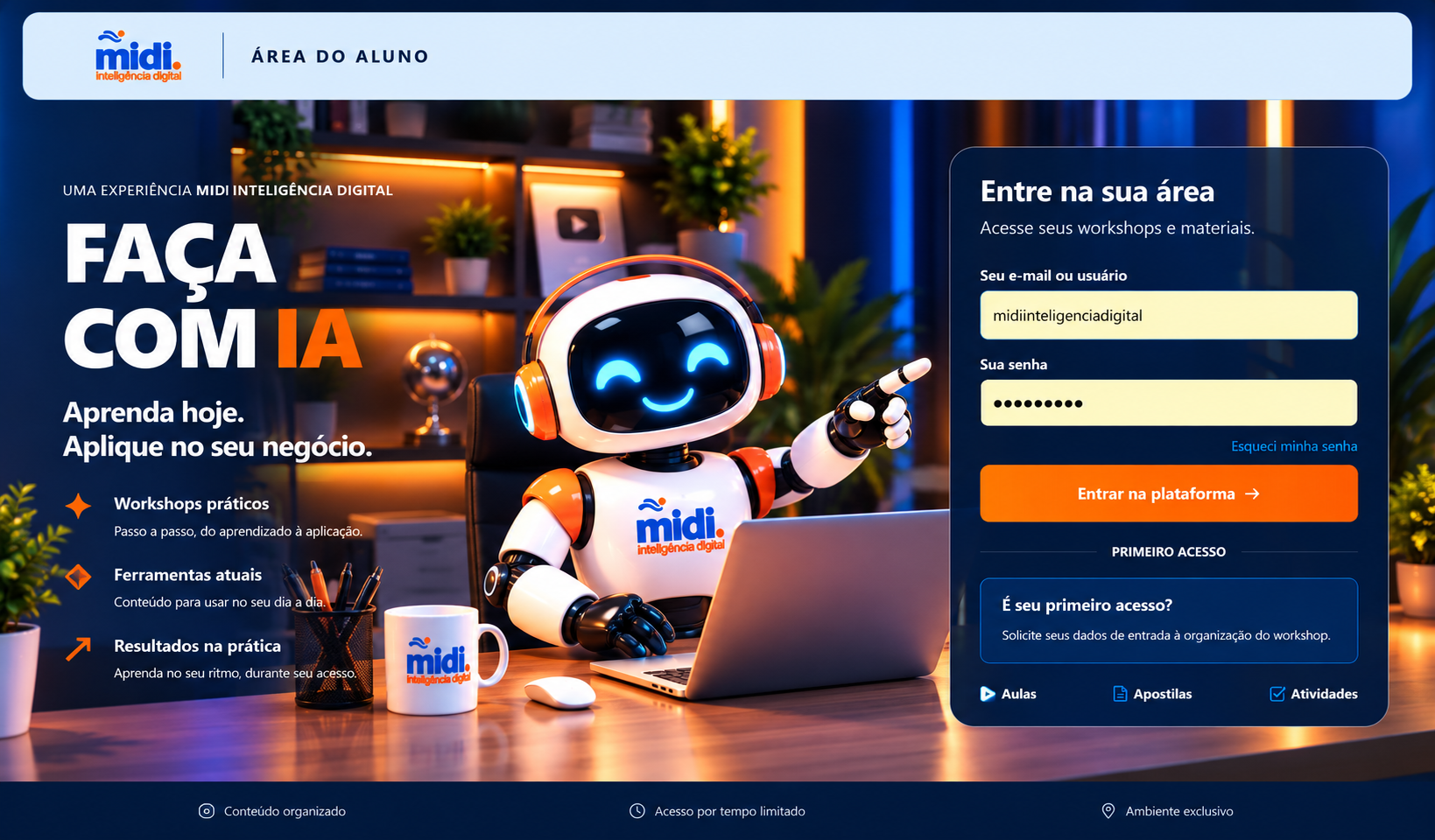 Tela FAÇA COM IA com robô, logomarca MIDI Inteligência Digital e informações do workshop